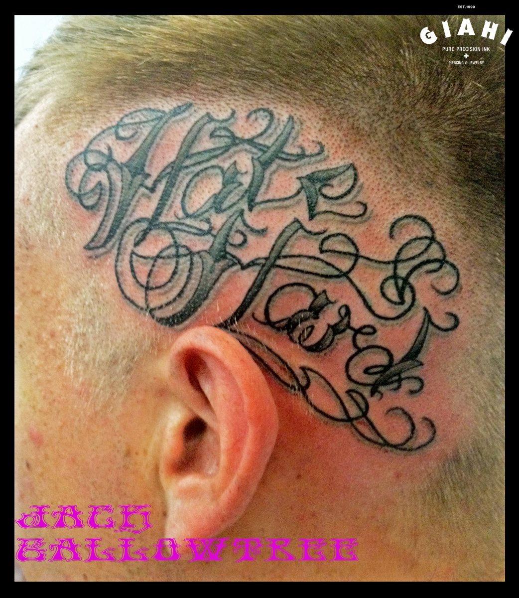 Ear Font Lettering tattoo by Jack Gallowtree