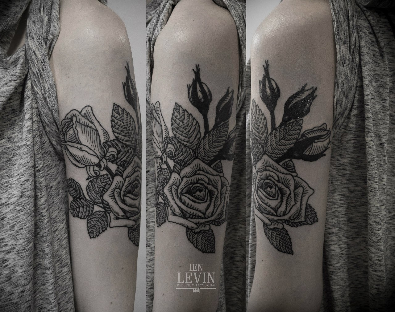 Etching Roses Dotwork tattoo by Ien Levin