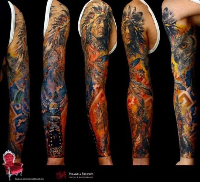 Fire Indian War tattoo sleeve by Piranha Tattoo Supplies