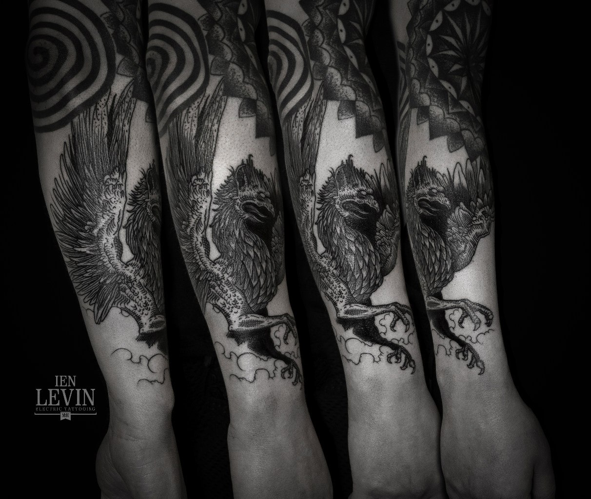 Flying Gryphon Dotwork tattoo by Ien Levin