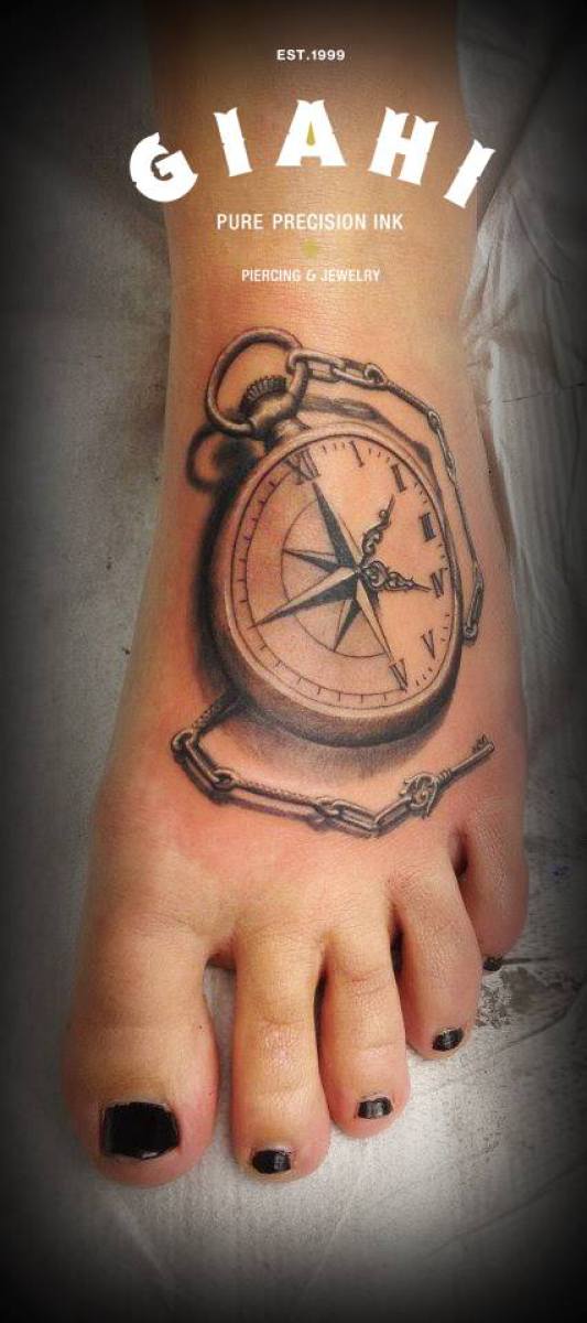 3D Realistic Compass And Map Tattoo On Upper Back
