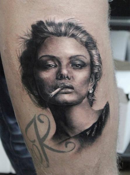 Girl With Cigarette Realistic tattoo by Georgi Kodzhabashev