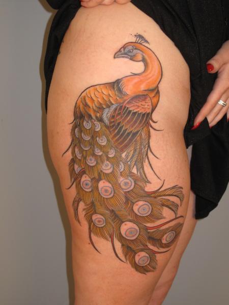 Golden Peacock Thigh tattoo Three Kings Tattoo