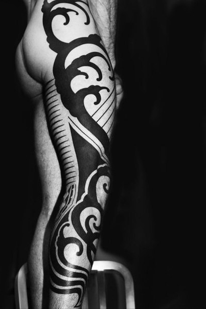Great Waves on Leg Blackwork tattoo