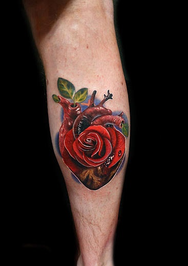 Green Leaves Heart Rose tattoo by Andres Acosta