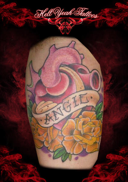 Heart Angie Lettering Flowers tattoo by Hellyeah Tattoos