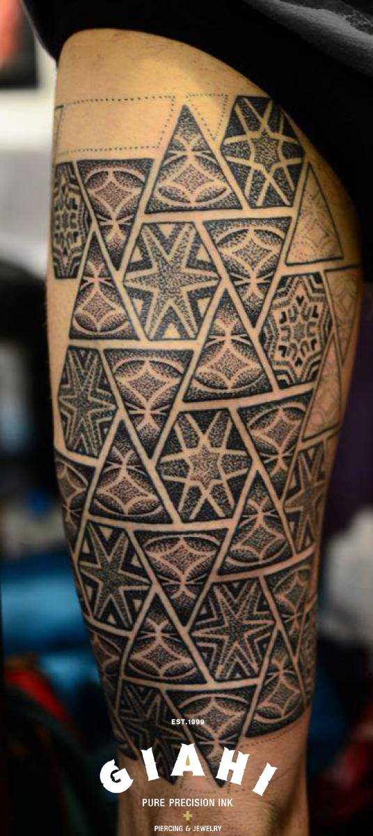 Hexahedrons and Triangles Dotwork tattoo by Andy Cryztalz