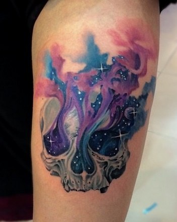 Space Smoking Scull Aquarelle tattoo by Koray Karagözler