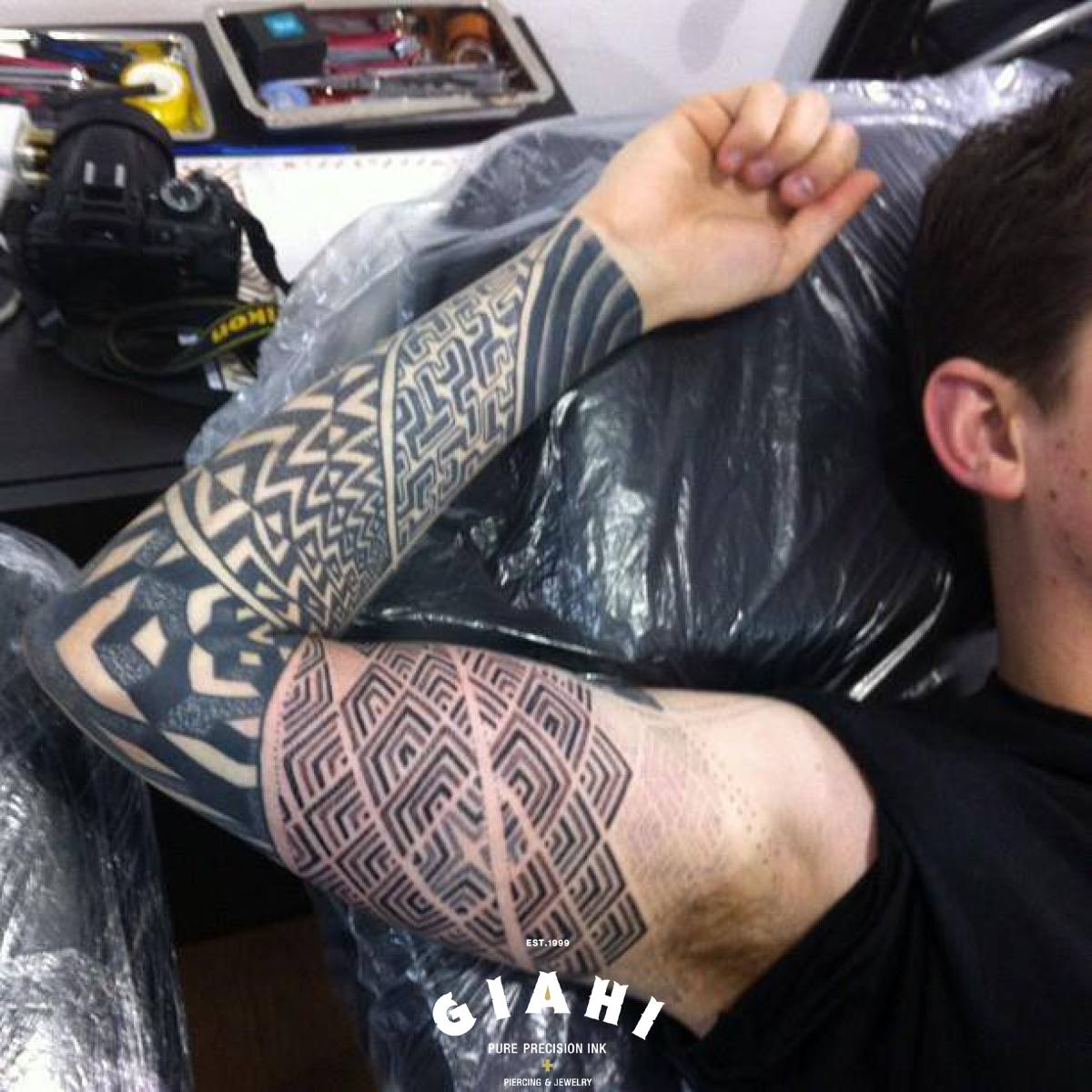 Labyrinth Dotwork tattoo sleeve by Andy Cryztalz