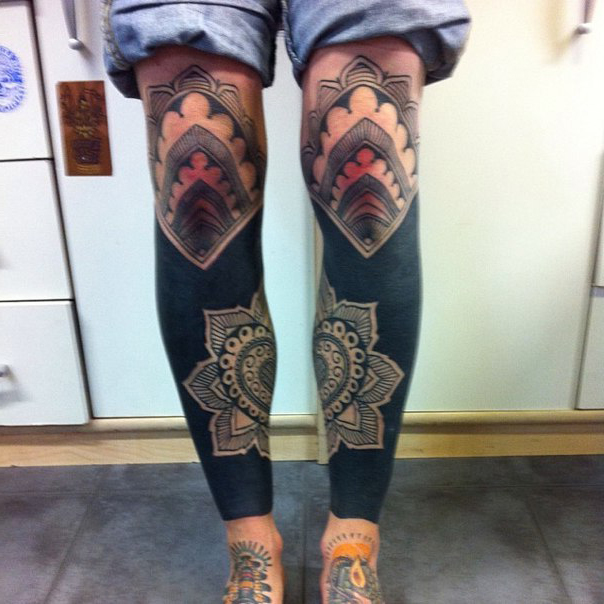 Mandala Mating Blackwork tattoo on Legs