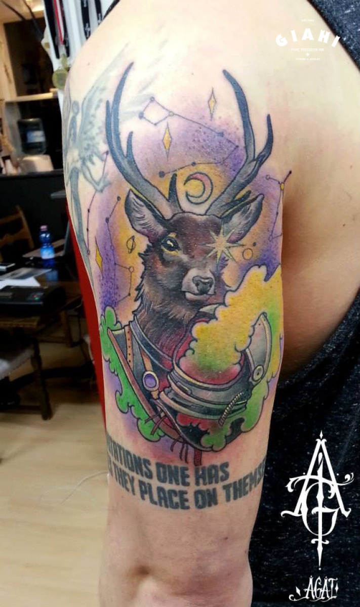 Moon Deer New School tattoo by Agat Artemji