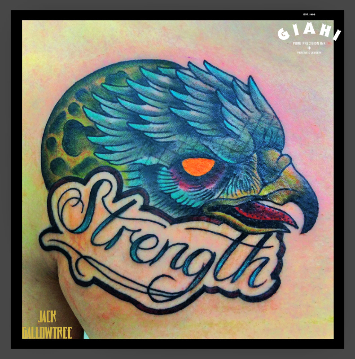 Moon Eagle Strenth Lettering tattoo by Jack Gallowtree