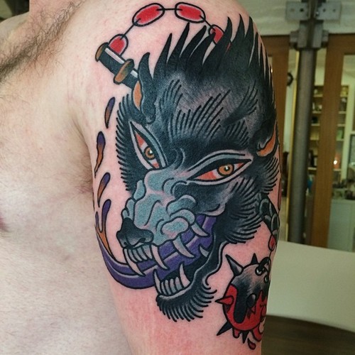 Morning Star Wolf Old School tattoo by Nick Baldwin