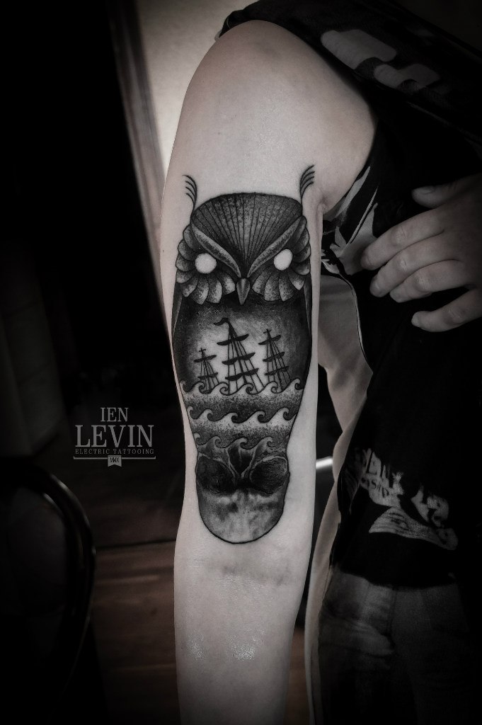 Owl Watching Sea Death Dotwork tattoo by Ien Levin