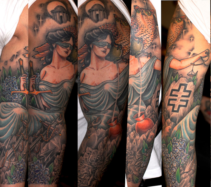 Owl and Themis tattoo sleeve by Three Kings Tattoo