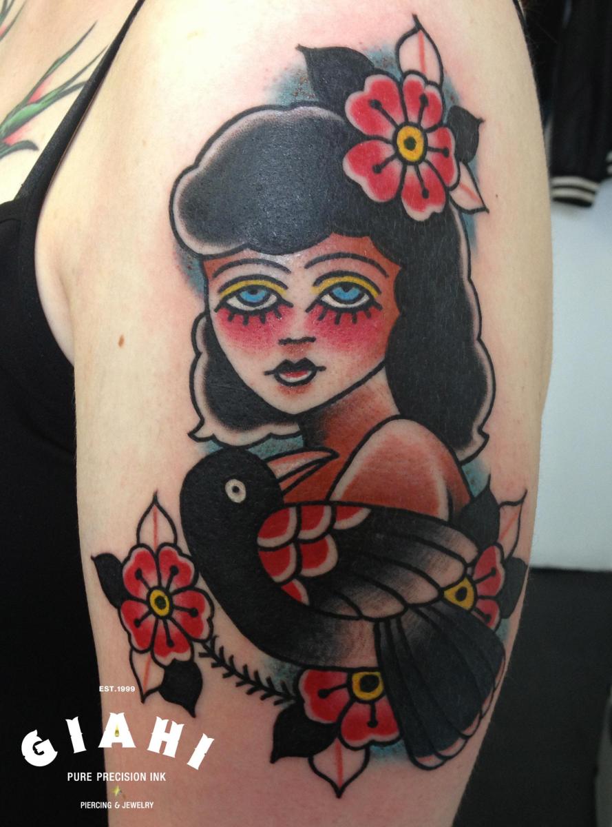 Raven and Girl Old School tattoo by Elda Bernardes