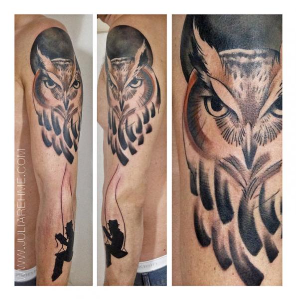 Reading Man Owl Blackwork tattoo by Julia Rehme