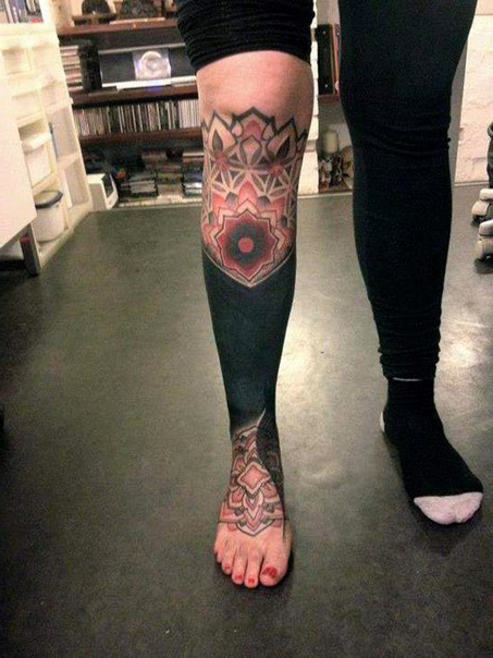 Red Dotted Mandalas and Black Between Blackwork tattoo