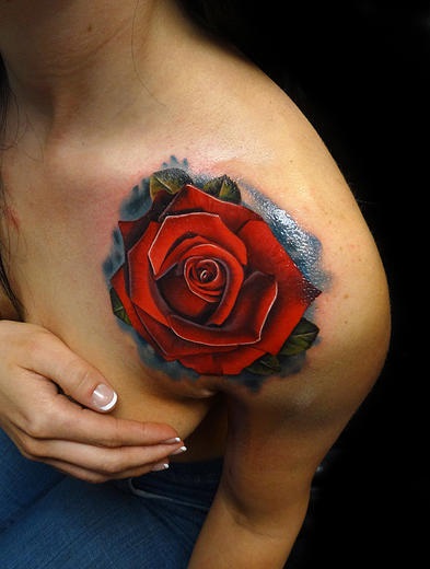 Red Shoulder Rose tattoo by Andres Acosta