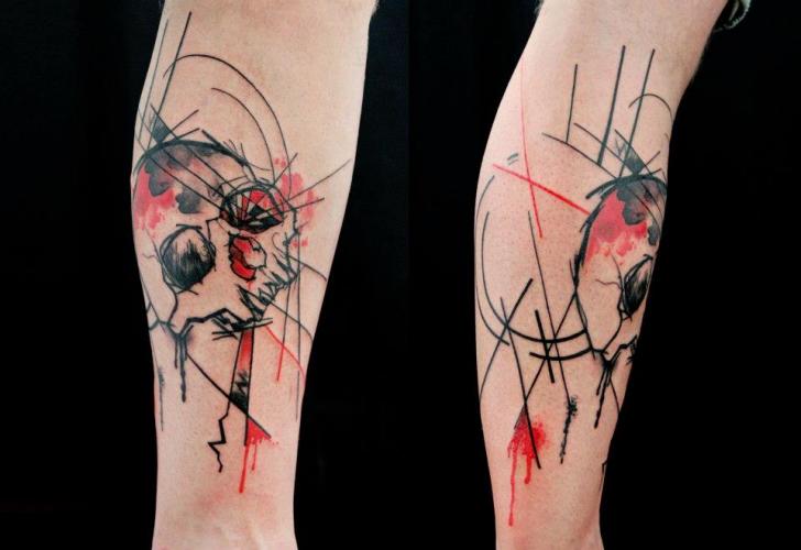 Red and Black Skull Trash Polka tattoo by Skin Deep Art