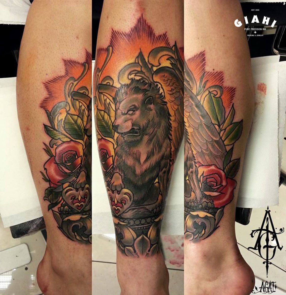Rose Manticore Lion tattoo by Agat Artemji