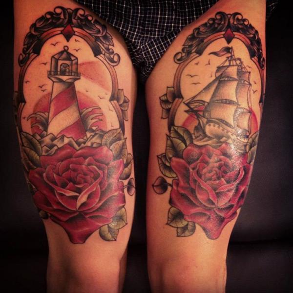 Rose and Lighthouse in Sea tattoo by Sarah B Bolen