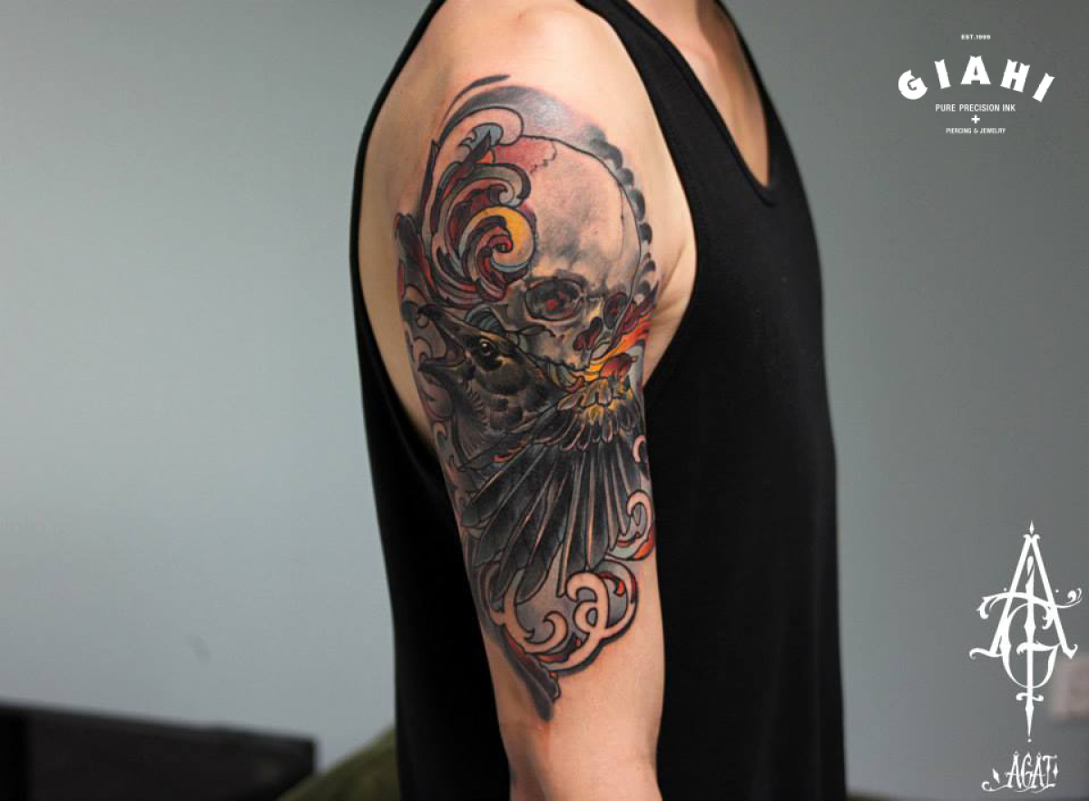 Screaming Raven Skull tattoo by Agat Artemji