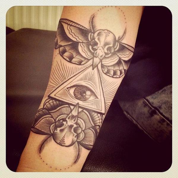 Sculls Moth Eye of Providence tattoo by Sarah B Bolen