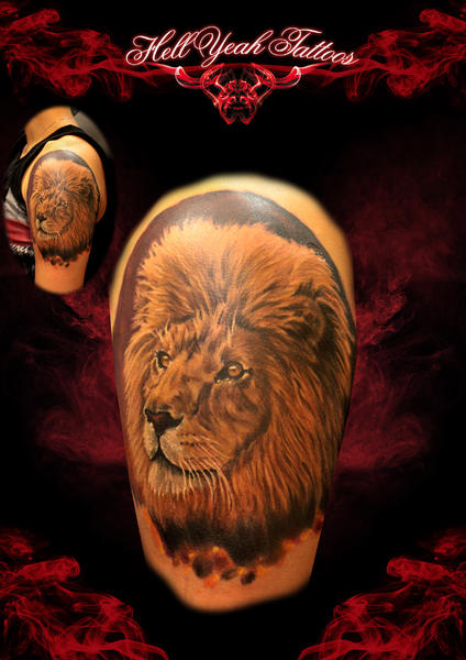 Shoulder Big Mane Realistic Lion tattoo by Hellyeah Tattoos