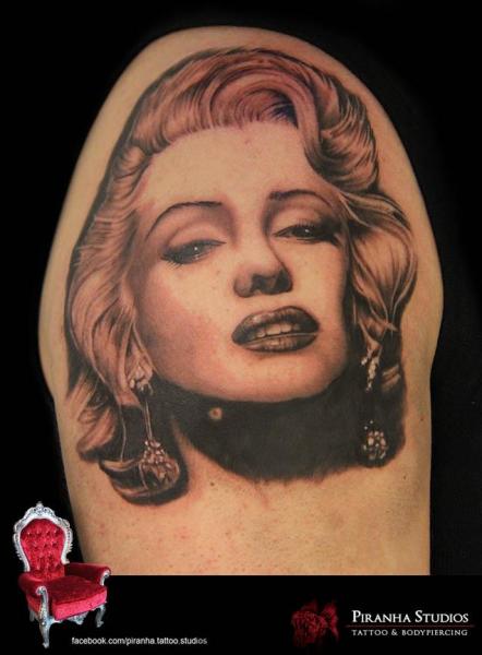 Shoulder Graphic Realistic Face tattoo by Piranha Tattoo Supplies