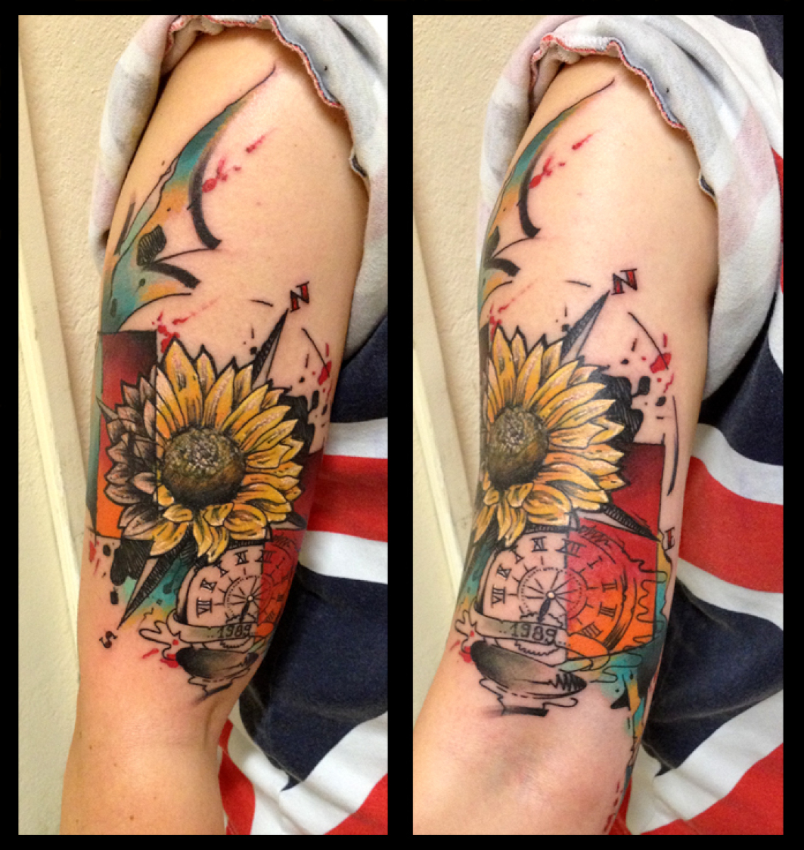Shoulder Sunflower Compass tattoo by Live Two