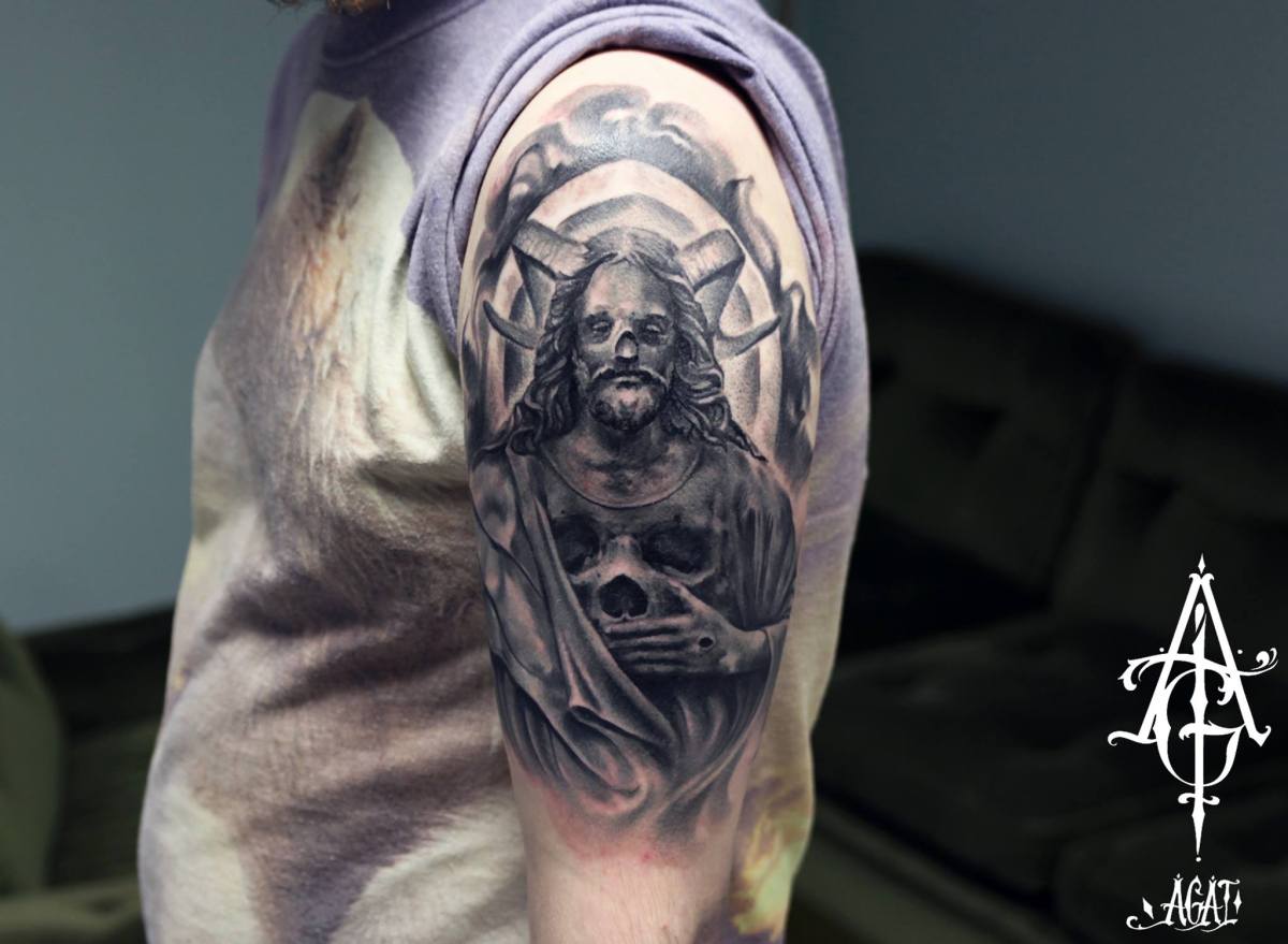 Skull Ram Jesus tattoo by Agat Artemji