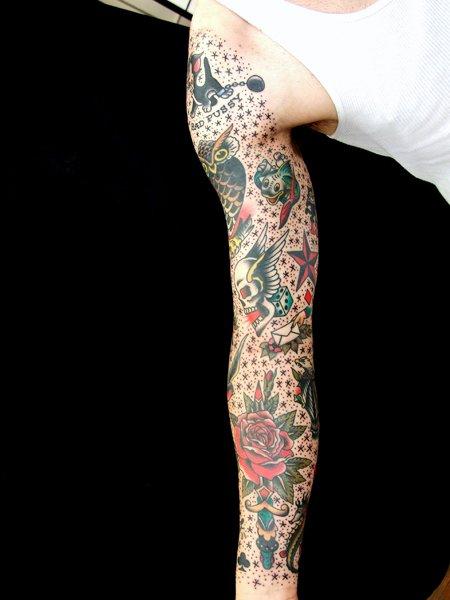 Starry New School tattoo sleeve by Three Kings Tattoo