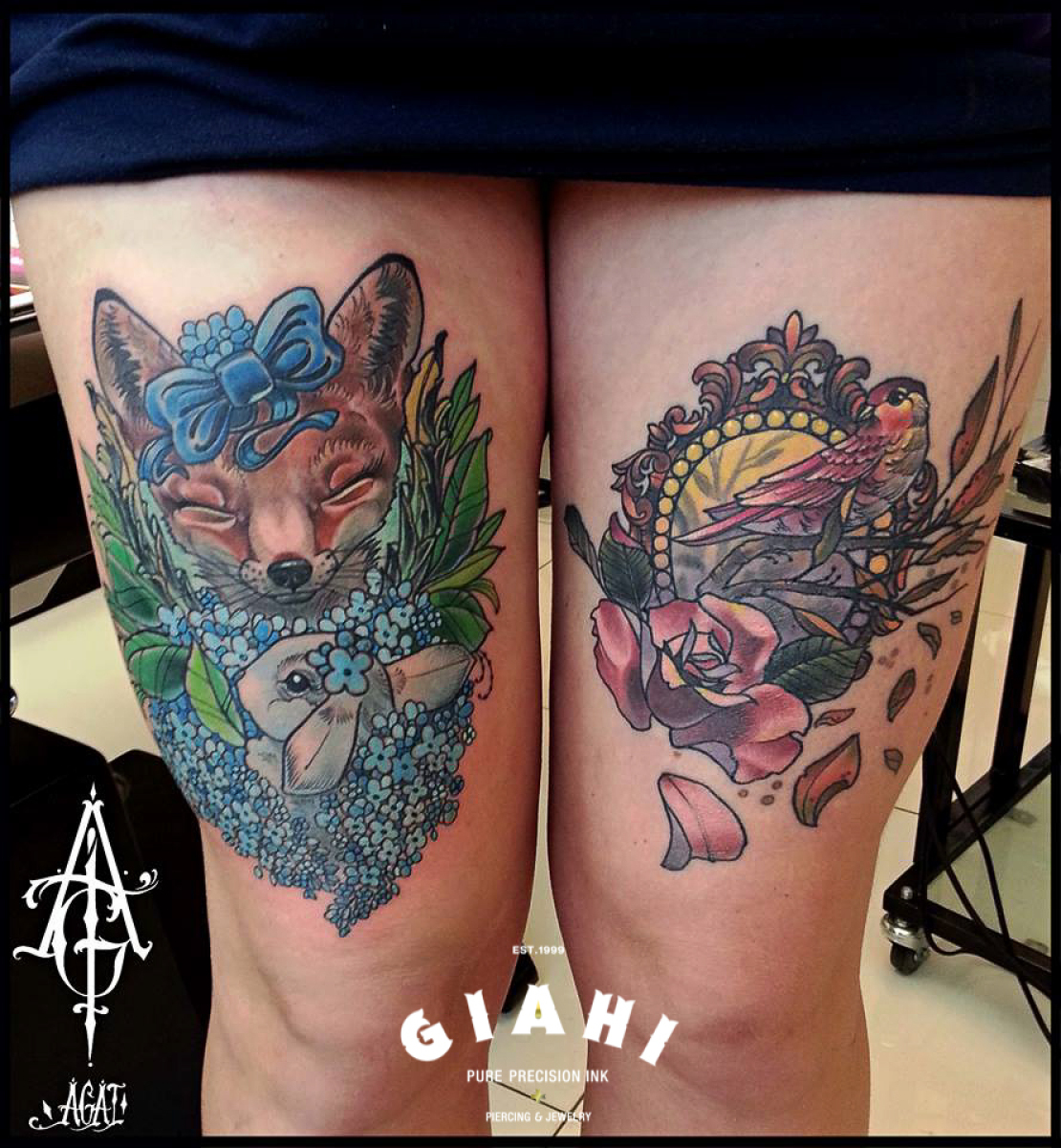 Thigh Fox Hare and Sparrow tattoo by Agat Artemji