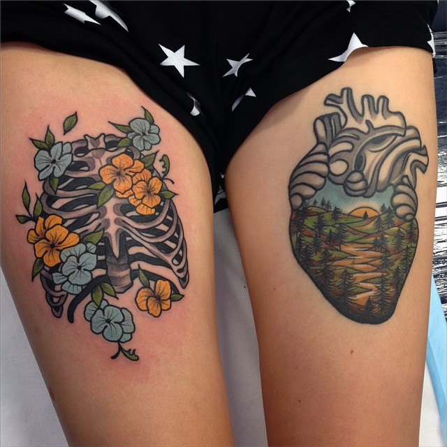 Thighs Skeleton Ribs and Forest Heart tattoo by Aaron Ashworth