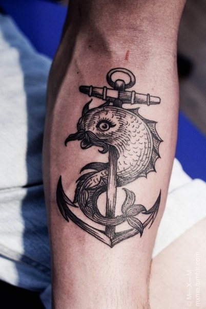 Three Tails Anchor Fish Nautical tattoo