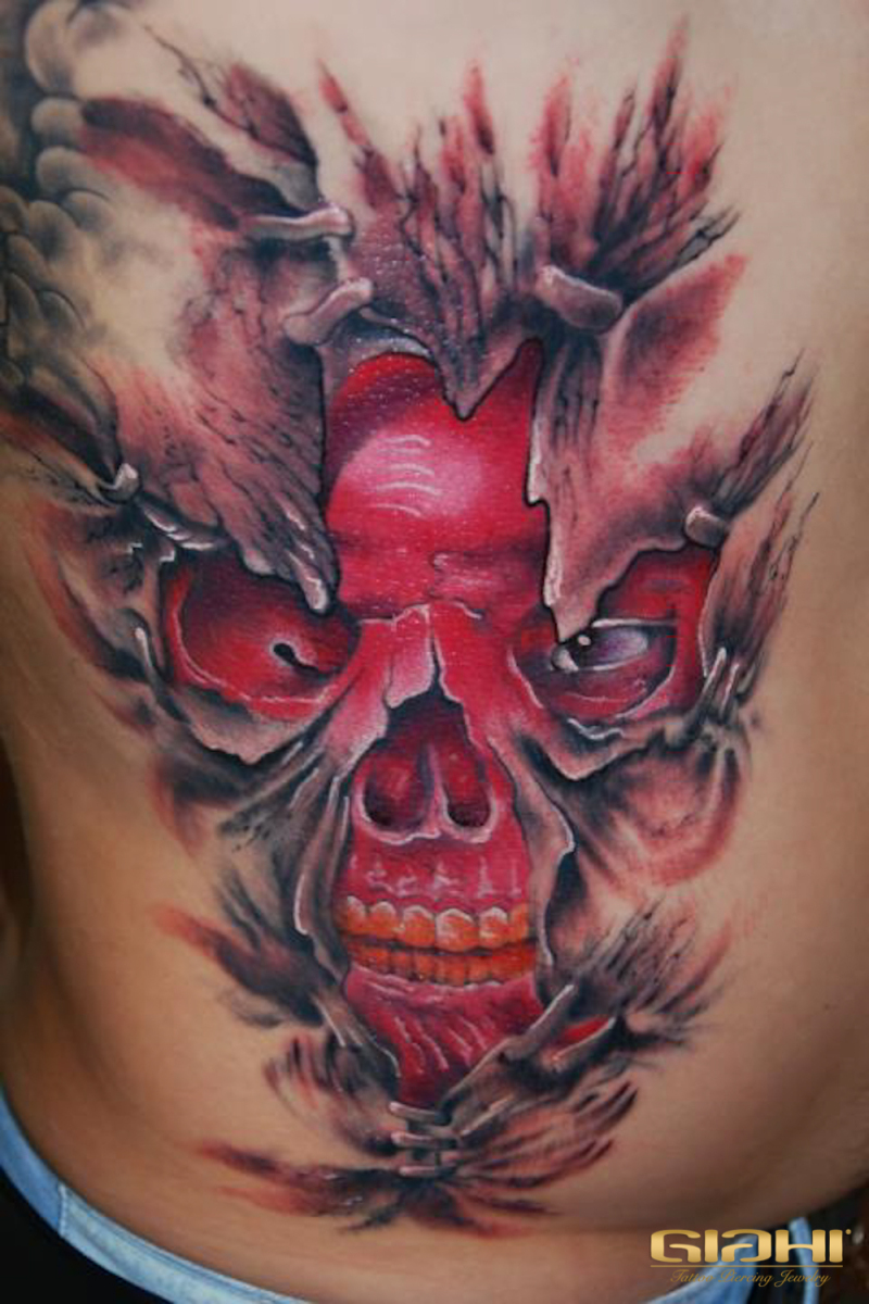 Under Skin Red Skull 3D tattoo by Szilard