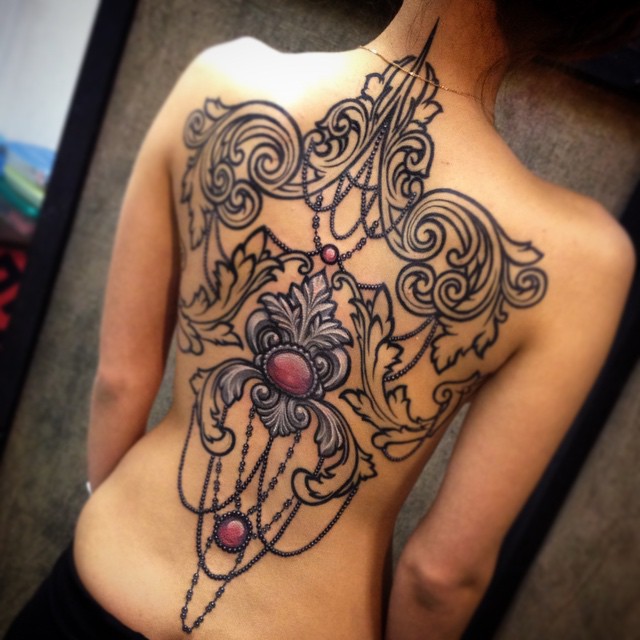 Awesome Baroque Back tattoo in progress by Maxim XIII