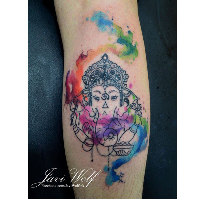 Beautiful Watercolor Ganesha Arm tattoo by Javi Wolf