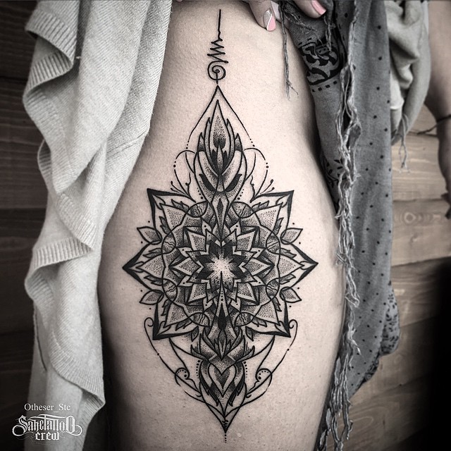 Dotwork Flower Symmetry tattoo on Hip