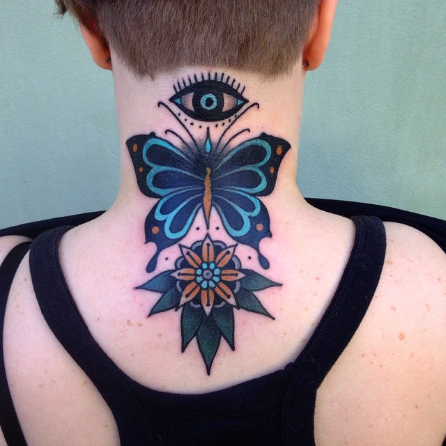 Traditional butterfly tattoo on the back of neck with symbol
