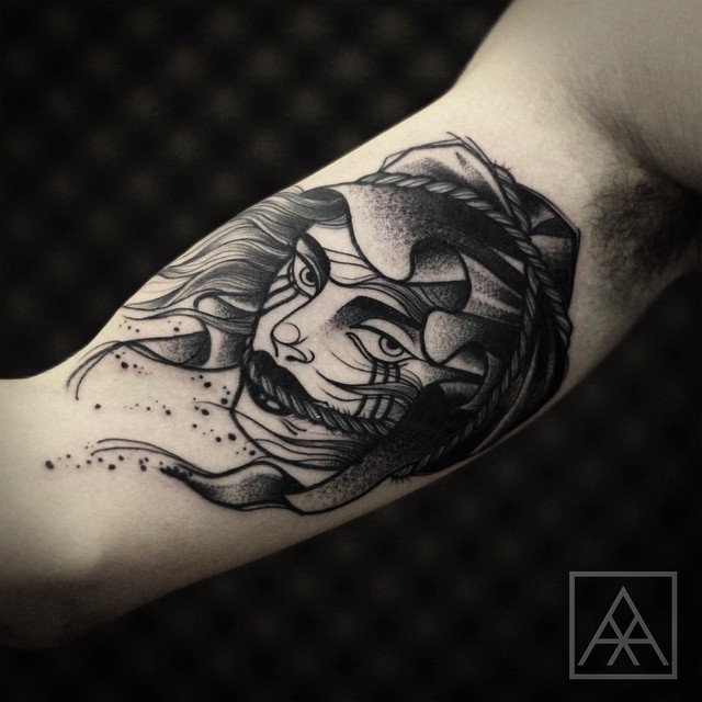 Girl in Wind Dotwork tattoo