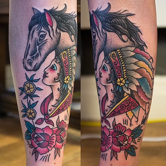 Girl with Horse Indian tattoo on Leg