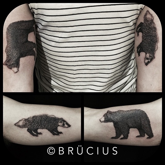 Graphic Bear and Badger Arm tattoos by BRÜCIUS