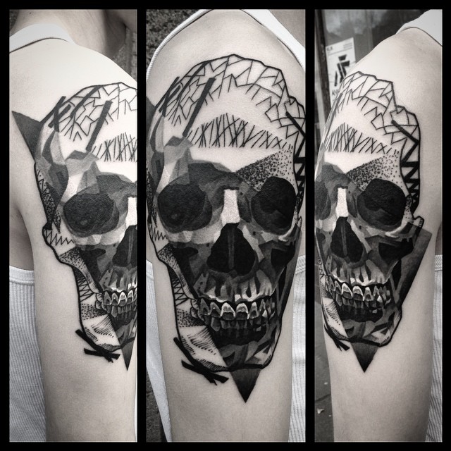 Shoulder Dark Skull Dotwork tattoo