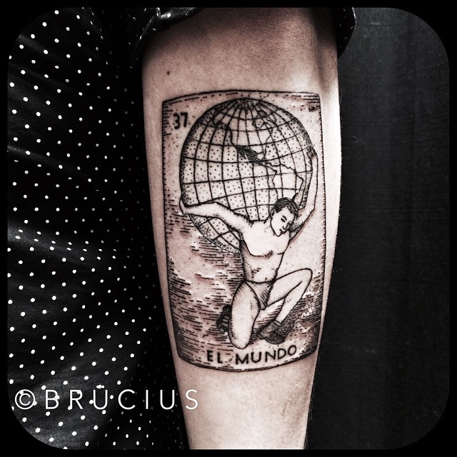 World on Shoulders El Mundo Dotwork tattoo by BRÜCIUS
