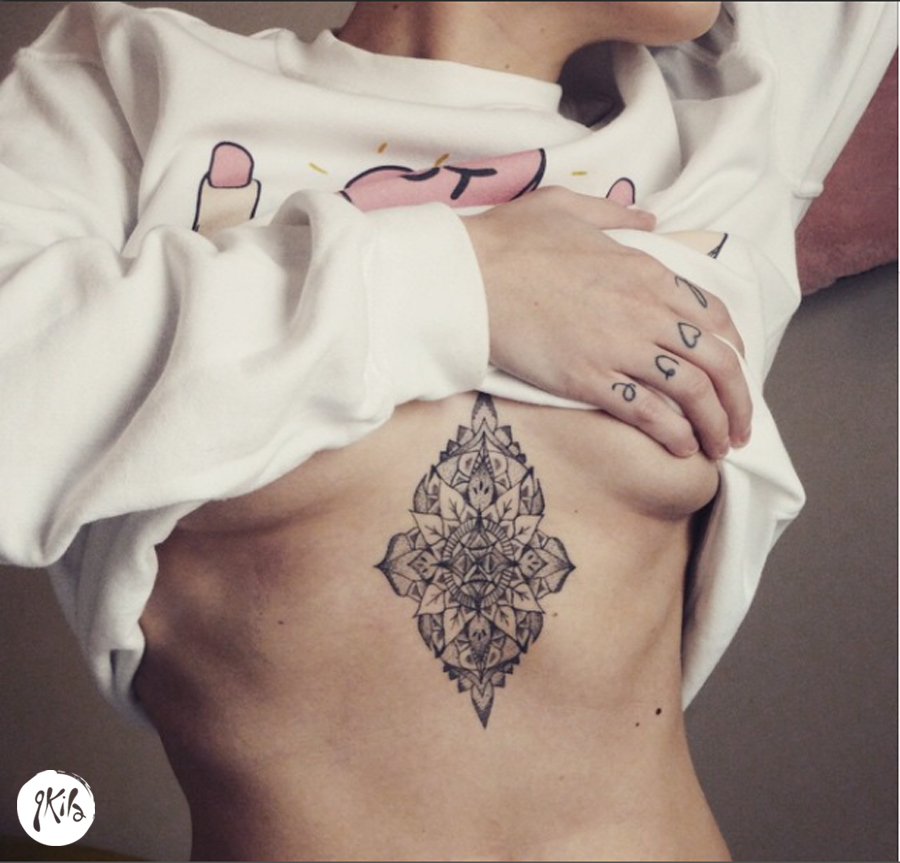 Belly Symmetry Flower Dotwork tattoo via Qkila