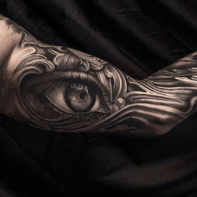 Engraved Realistic Eye Tattoo Sleeve