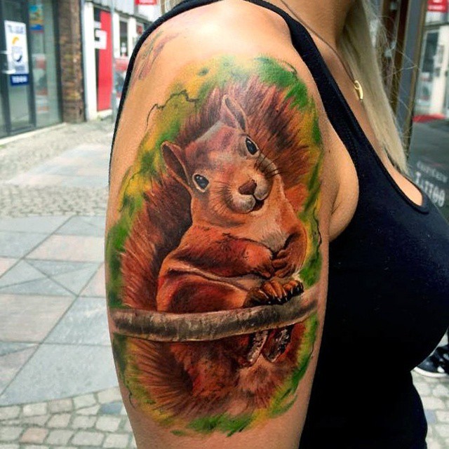 Smiling Shoulder Squirrel tattoo