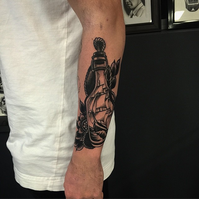 Arm Ship in Bottle tattoo